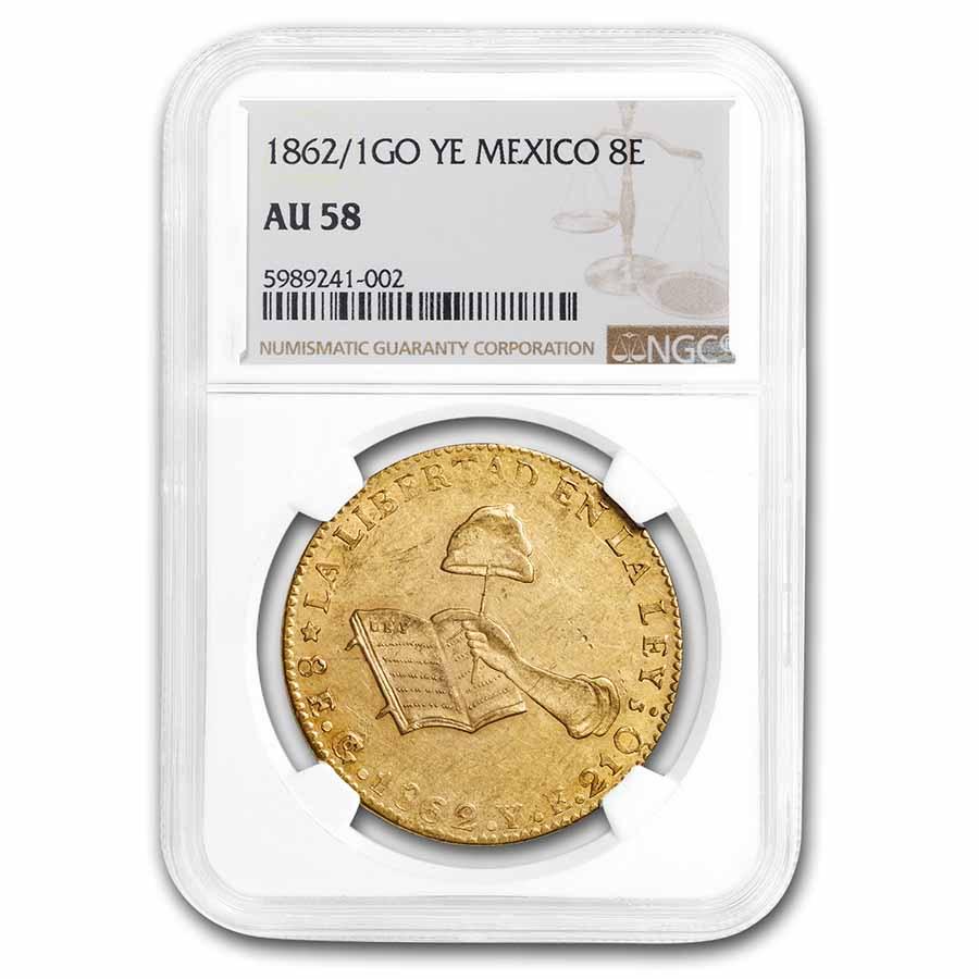 1862/1 Go-YE Mexico Gold 8 Escudos AU-58 NGC: 1862/1 Go-YE Mexico Gold 8 Escudos AU-58 NGC Product ID: RBJ257939 Year: 1862/1 Grade Service: NGC Denomination: 8 Escudos Metal Content: 0.7614 troy oz Purity: .875 Thickness: 2.25 mm <b