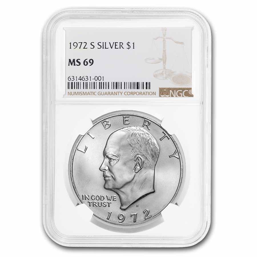 1972-S Silver Eisenhower Dollar MS-69 NGC: 1972-S Silver Eisenhower Dollar MS-69 NGC Product ID: 243857 Year: 1972 Grade: MS-69 Grade Service: NGC Denomination: $1.00 Mint Mark: S - San Francisco Metal Content: 0.3161 troy oz