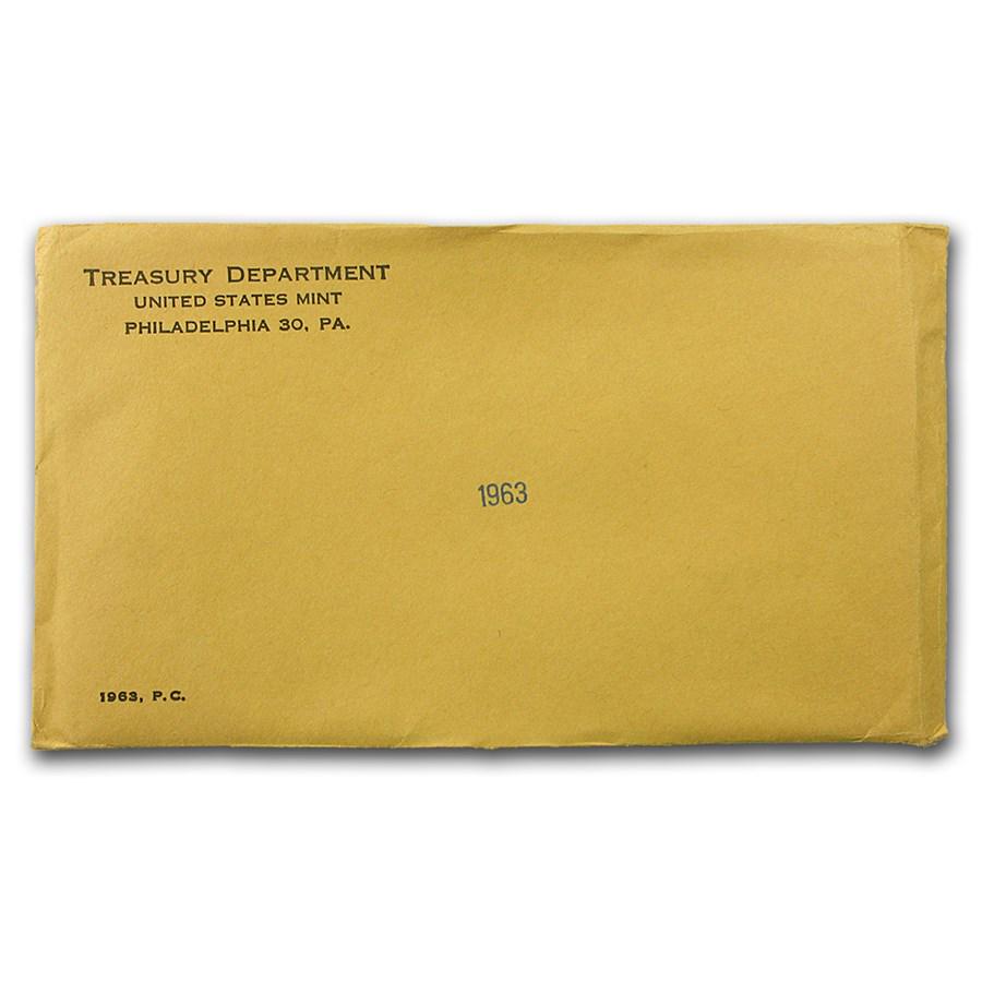 1963 U.S. Proof Set (Sealed Mint Envelope): 1963 U.S. Proof Set (Sealed Mint Envelope) Product ID: 12202 Year: 1963 Grade: Proof Grade Service: None Mint Mark: P - Philadelphia (Not Shown) Metal Content: 0.6148 troy oz Purity: Othe