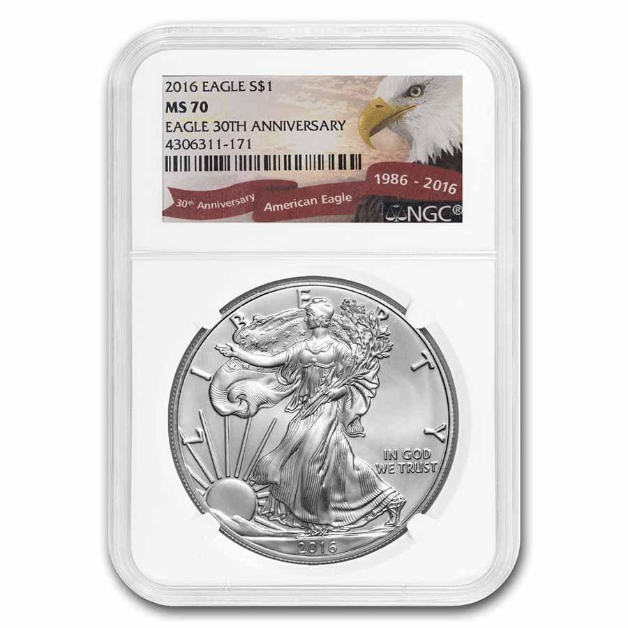 2016 Silver Eagle MS-70 NGC (30th Anniversary Eagle Label): 2016 Silver Eagle MS-70 NGC (30th Anniversary Eagle Label) Product ID: 246402 Year: 2016 Grade Service: NGC Denomination: 1 Dollar Metal Content: 1 troy oz Purity: .999 Thickness: 2.98 mm