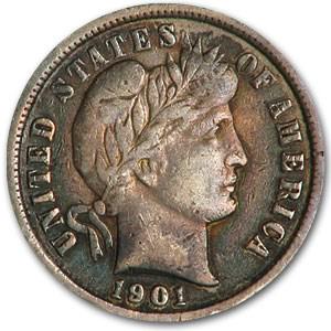1901 Barber Dime Fine: 1901 Barber Dime Fine Product ID: 3190 Year: 1901 Grade: Fine Grade Service: None Denomination: $0.10 Mint Mark: P - Philadelphia (Not Shown) Metal Content: 0.0715 troy oz Purity