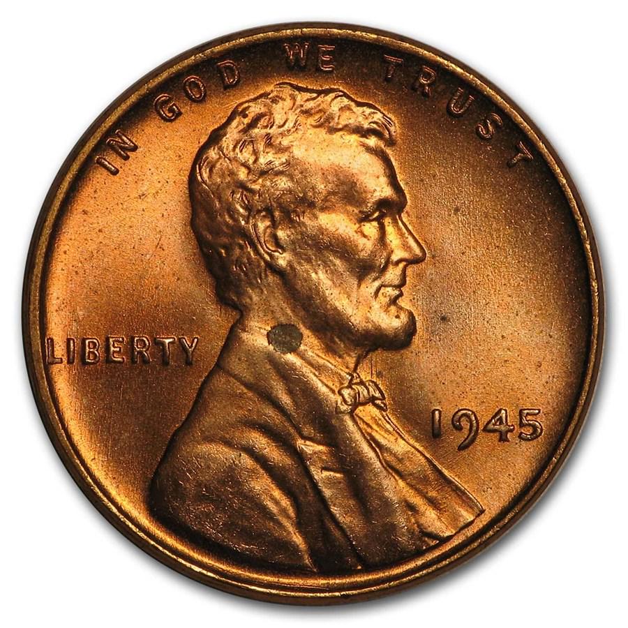 1945 Lincoln Cent BU (Red): 1945 Lincoln Cent BU (Red) Product ID: 9832 Year: 1945 Grade: Brilliant Unc Grade Service: None Denomination: $0.01 Mint Mark: P - Philadelphia (Not Shown) Metal Content: 0 troy oz