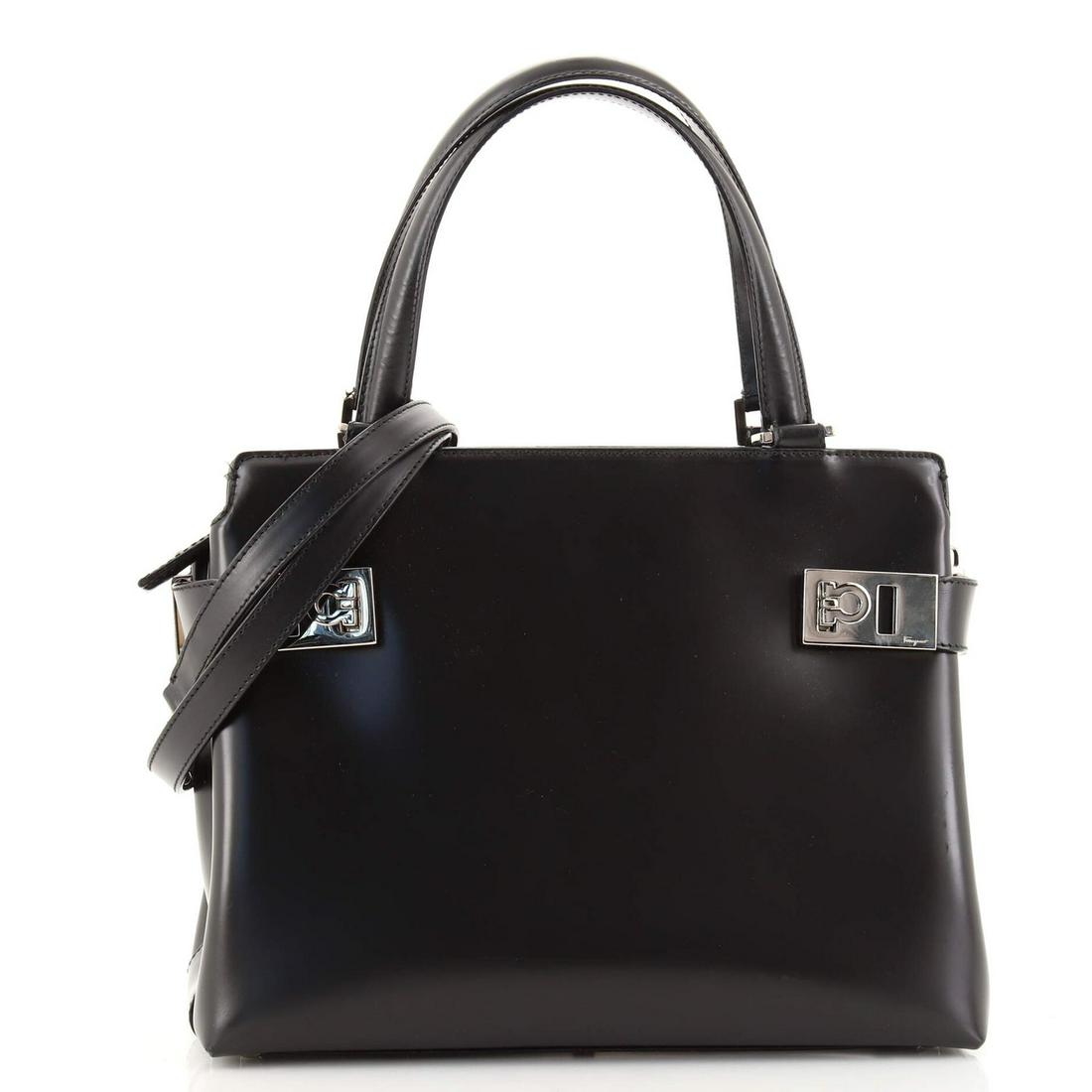 Salvatore Ferragamo Double Gancini Side Buckle Tote Leather Small: Salvatore Ferragamo Double Gancini Side Buckle Tote Leather Small Exterior Color: Black Interior Color: Black Exterior Material: Leather Interior Material: Fabric Hardware Color: Silver Accessorie