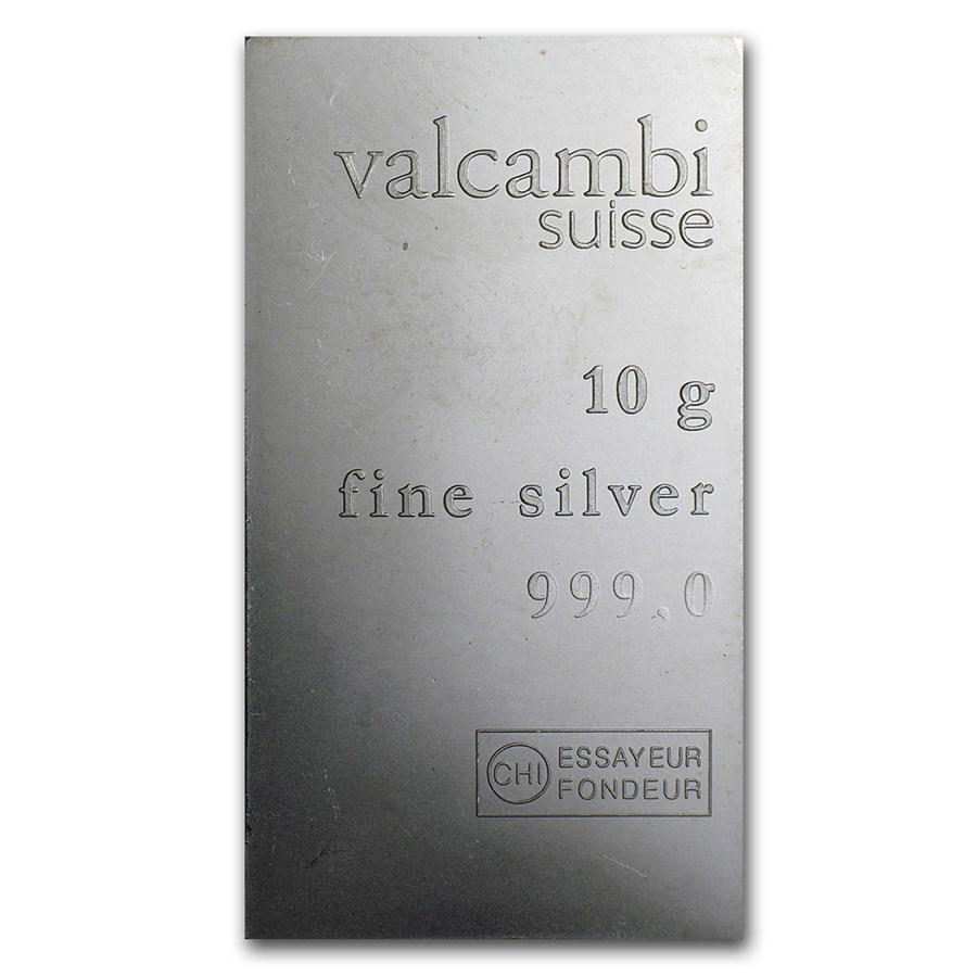 10 gram Silver Bar - Valcambi: 10 gram Silver Bar - Valcambi Product ID: 85347 Year: N/A Grade: None Grade Service: None Denomination: 10 grams Mint Mark: N/A - Not Available Metal Content: 0.3215 troy oz Puri