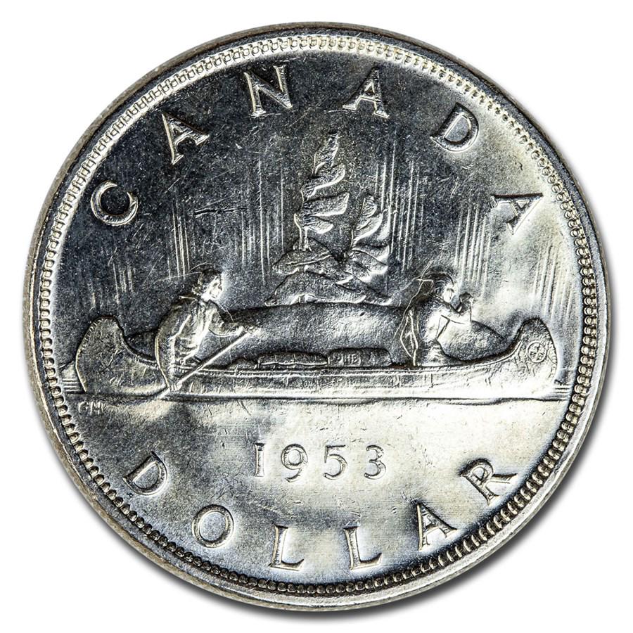 1953 Canada Silver Dollar Elizabeth II BU: 1953 Canada Silver Dollar Elizabeth II BU Product ID: 178263 Year: 1953 Grade: Brilliant Unc Grade Service: None Denomination: $1.00 Mint Mark: RCM (Not Shown) Metal Content: 0.6 troy oz
