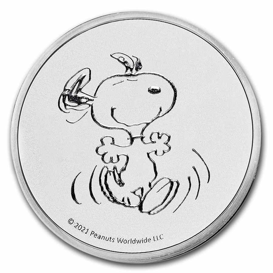 Peanuts Snoopy 1 oz Silver Round: Peanuts Snoopy 1 oz Silver Round Product ID: 231705 Year: N/A Grade: None Grade Service: None Mint Mark: N/A - Not Available Metal Content: 1 troy oz Purity: .999 Diameter: 39 mm