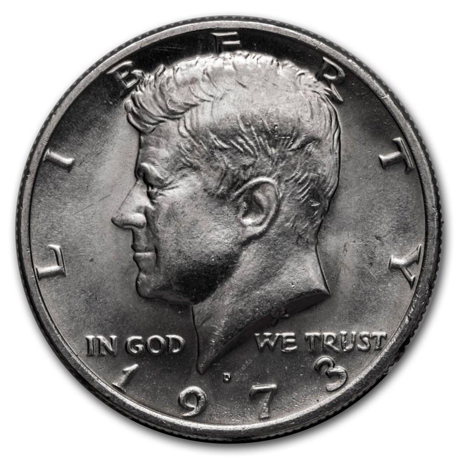 1973-D Kennedy Half Dollar BU: 1973-D Kennedy Half Dollar BU Product ID: 6018 Year: 1973 Grade: Brilliant Unc Grade Service: None Denomination: 50 Cents Mint Mark: D - Denver Metal Content: 0 troy oz Purity: N
