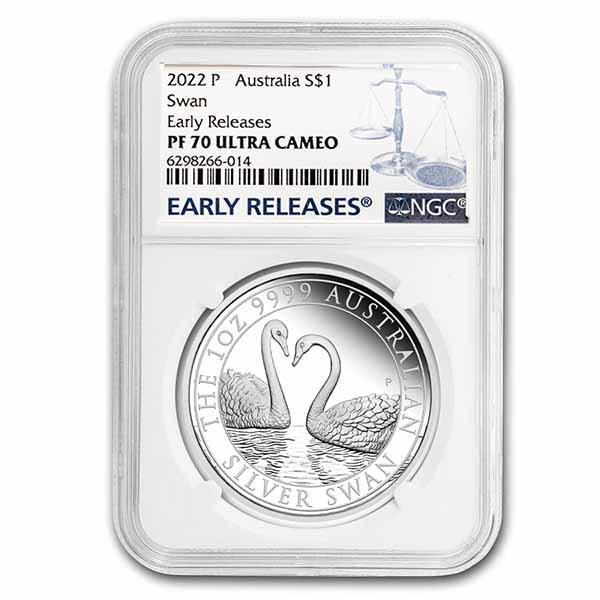 2022 Australia 1 oz Silver Swan PF-70 NGC (ER): 2022 Australia 1 oz Silver Swan PF-70 NGC (ER) Product ID: 254999 Year: 2022 Grade: Proof - 70 Grade Service: NGC Denomination: 1 Dollar Mint Mark: P - Perth Metal Content: 1 troy oz