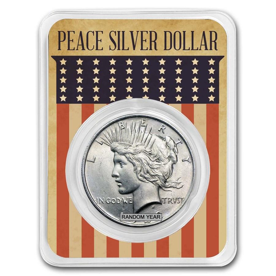 1922-1925 Peace Silver Dollar BU- w/Flag Card: 1922-1925 Peace Silver Dollar BU- w/Flag Card Product ID: 171950 Year: Random Year Grade: Brilliant Unc Grade Service: None Denomination: 1 Dollar Mint Mark: Varies Metal Content: 0.7734