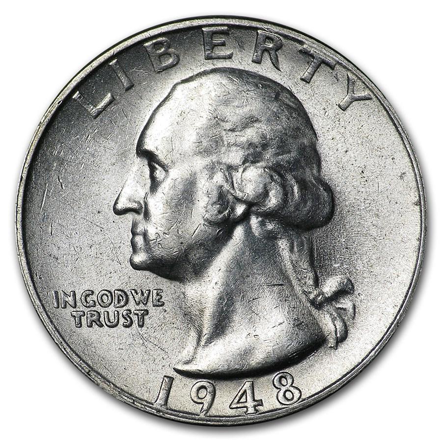 1948-S Washington Quarter AU: 1948-S Washington Quarter AU Product ID: 18975 Year: 1948 Grade: Almost Unc Grade Service: None Denomination: 25 Cents Mint Mark: S - San Francisco Metal Content: 0.1788 troy oz