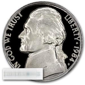 1984-S Jefferson Nickel 40-Coin Roll Proof: 1984-S Jefferson Nickel 40-Coin Roll Proof Product ID: 38519 Year: 1984 Grade: Proof Grade Service: None Denomination: 5 Cents Mint Mark: S - San Francisco Metal Content: 0 troy oz