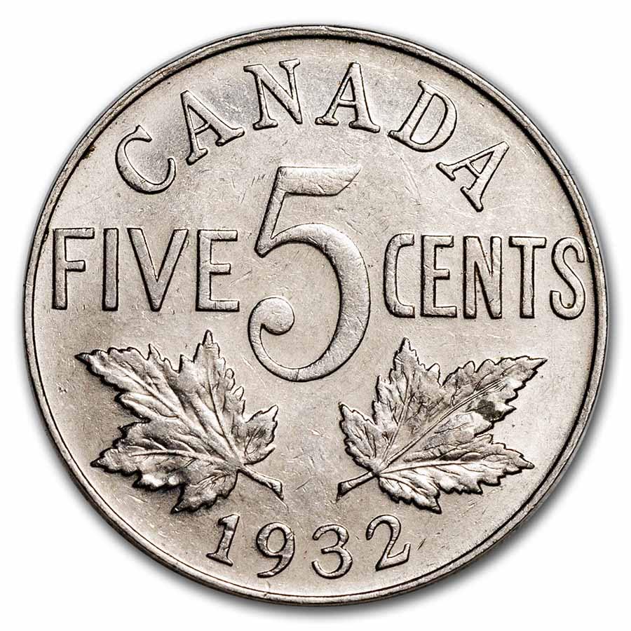 1932 Canada 5 Cents George V AU: 1932 Canada 5 Cents George V AU Product ID: 258258 Year: 1932 Grade: Almost Unc Grade Service: None Denomination: 5 Cents Mint Mark: RCM (Not Shown) Metal Content: 0 troy oz Puri