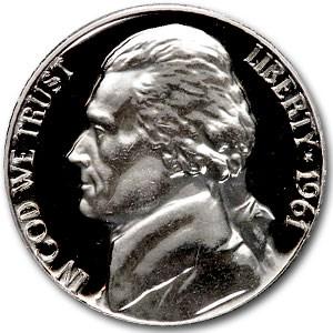 1961 Jefferson Nickel Gem Proof: 1961 Jefferson Nickel Gem Proof Product ID: 6681 Year: 1961 Grade: Gem Proof Grade Service: None Denomination: 5 Cents Mint Mark: P - Philadelphia (Not Shown) Metal Content: 0 troy oz