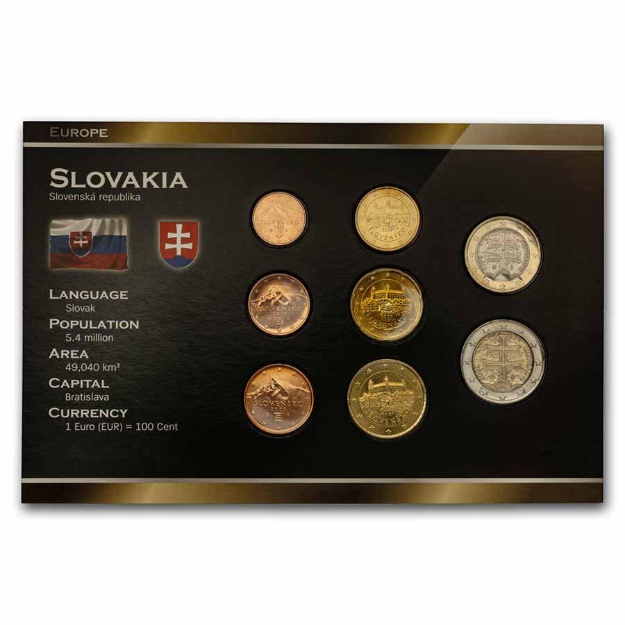 Slovakia 1 Cent-2 Euro 8-Coin Euro Set BU: Slovakia 1 Cent-2 Euro 8-Coin Euro Set BU Product ID: 232379 Year: Random Grade: Brilliant Unc Grade Service: None Denomination: Varies Mint Mark: Not Shown Metal Content: 0 troy oz <