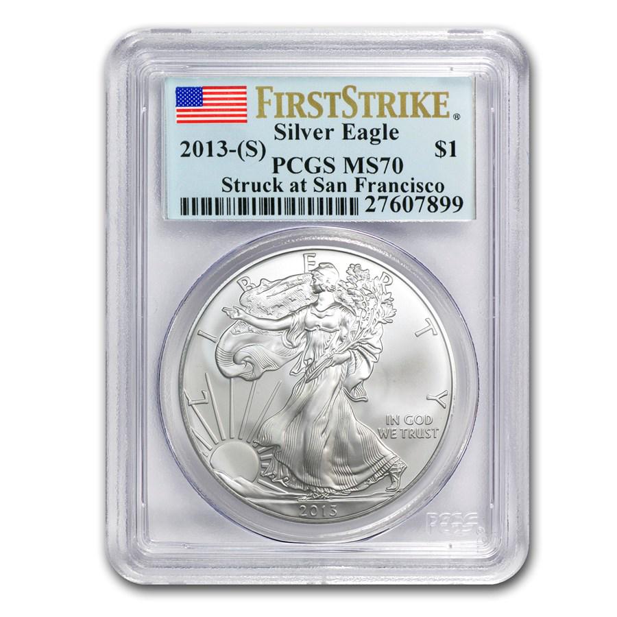 2013 (S) American Silver Eagle MS-70 PCGS (FirstStrike): 2013 (S) American Silver Eagle MS-70 PCGS (FirstStrike) Product ID: 74199 Year: 2013 Grade Service: PCGS Denomination: $1.00 Dollar Metal Content: 1 troy oz Purity: .999 Thickness: 2.98 m