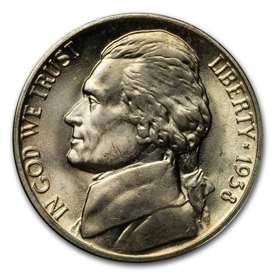 1938-D Jefferson Nickel BU: 1938-D Jefferson Nickel BU Product ID: 6381 Year: 1938 Grade: Brilliant Unc Grade Service: None Denomination: 5 Cents Mint Mark: D - Denver Metal Content: 0 troy oz Purity: N/A <