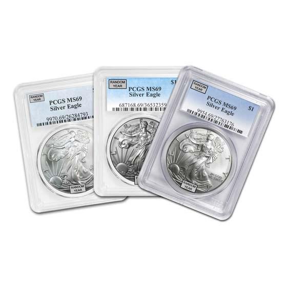 1986-Current American Silver Eagle MS-69 PCGS (Random Year): 1986-Current American Silver Eagle MS-69 PCGS (Random Year) Product ID: 72700 Year: 1986-2014 Grade: MS-69 Grade Service: PCGS Denomination: $1.00 Dollar Mint Mark: Varies Metal Content: