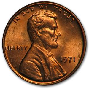 1971 Lincoln Cent BU (Red): 1971 Lincoln Cent BU (Red) Product ID: 6757 Year: 1971 Grade: Brilliant Unc Grade Service: None Denomination: $0.01 Mint Mark: P - Philadelphia (Not Shown) Metal Content: 0 troy oz
