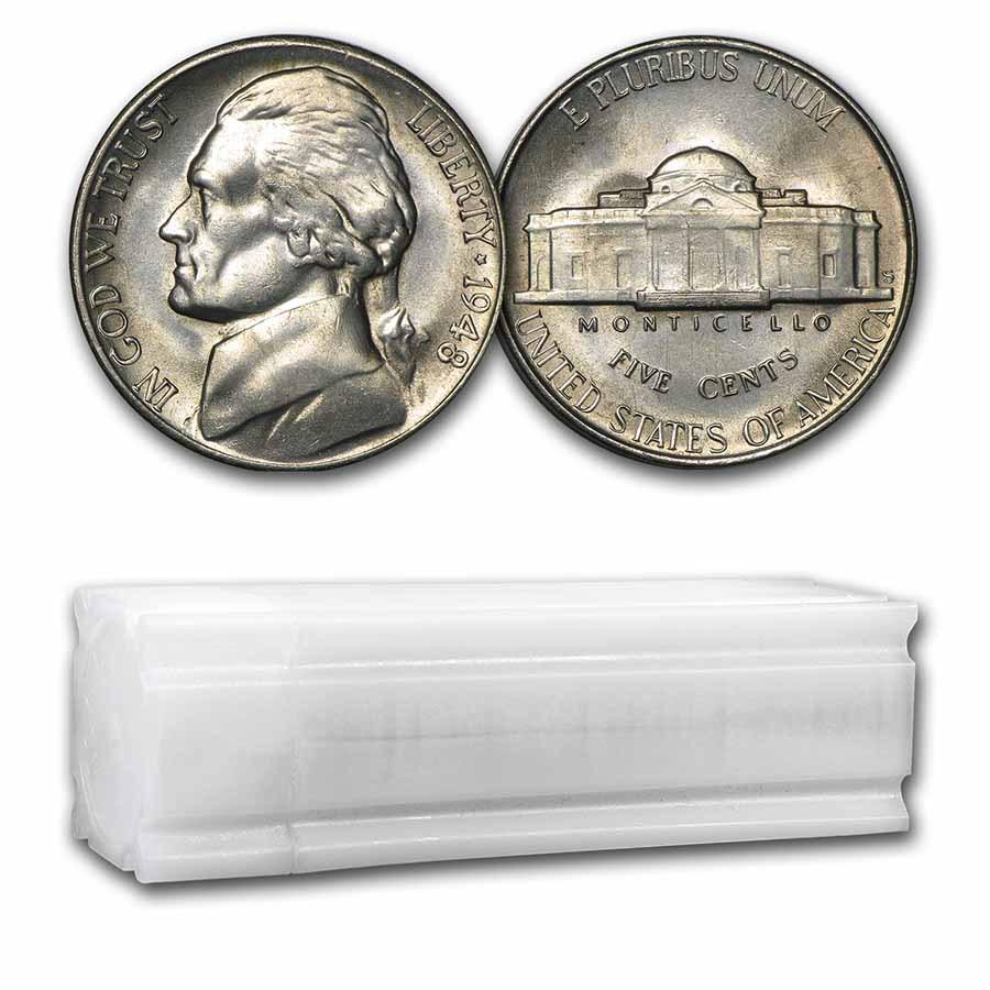 1948-S Jefferson Nickel 40-Coin Roll BU: 1948-S Jefferson Nickel 40-Coin Roll BU Product ID: 190585 Year: 1948 Grade: Brilliant Unc Grade Service: None Denomination: 5 Cents Mint Mark: S - San Francisco Metal Content: 0 troy oz
