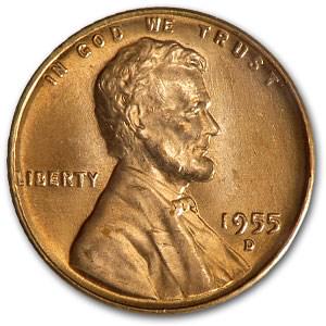 1955-D Lincoln Cent BU (Red): 1955-D Lincoln Cent BU (Red) Product ID: 9863 Year: 1955 Grade: Brilliant Unc Grade Service: None Denomination: $0.01 Mint Mark: D - Denver Metal Content: 0 troy oz Purity: N/A <