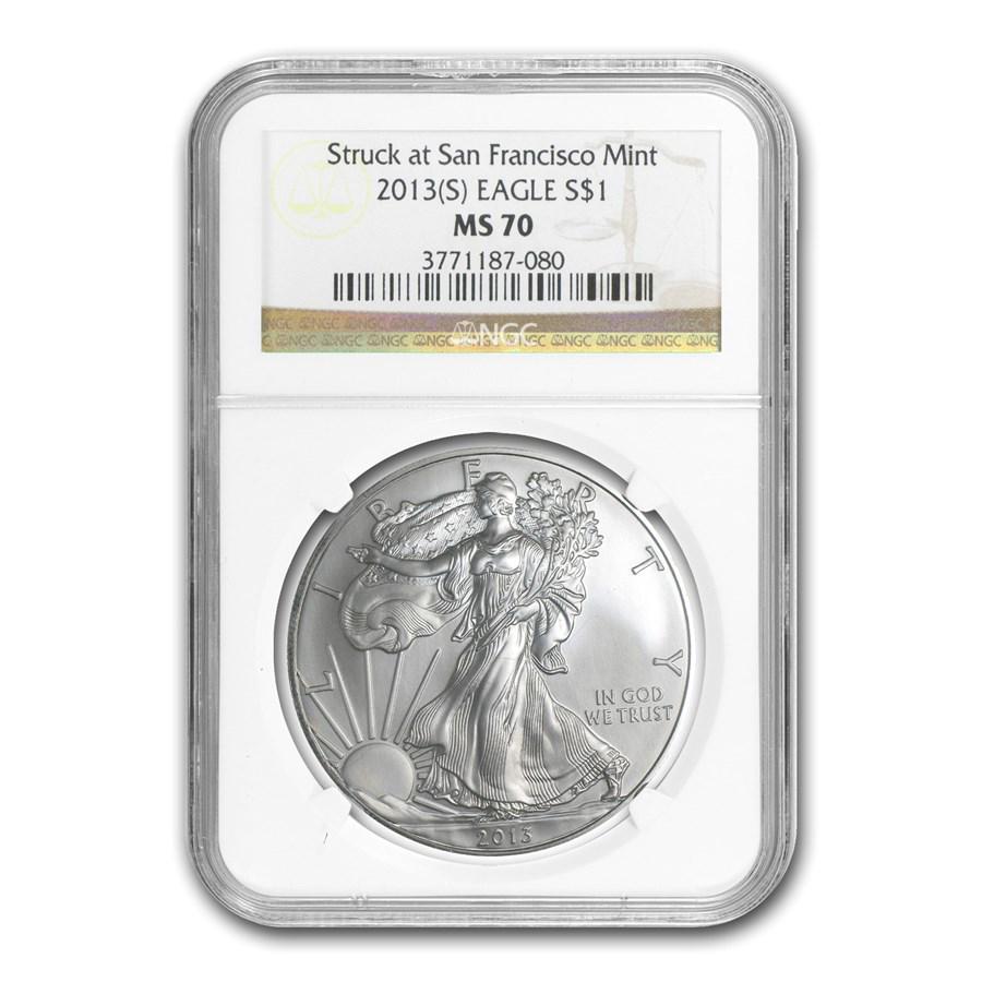 2013 (S) American Silver Eagle MS-70 NGC: 2013 (S) American Silver Eagle MS-70 NGC Product ID: 81227 Year: 2013 Grade Service: NGC Denomination: $1.00 Dollar Metal Content: 1 troy oz Purity: .999 Thickness: 2.98 mm Diame
