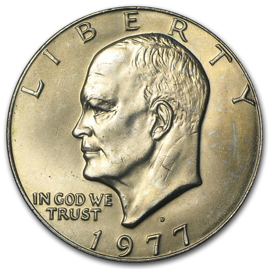 1977-D Clad Eisenhower Dollar BU: 1977-D Clad Eisenhower Dollar BU Product ID: 5040 Year: 1977 Grade: Brilliant Unc Grade Service: None Denomination: $1.00 Mint Mark: D - Denver Metal Content: 0 troy oz Purity: N