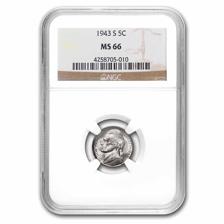 1943-S Jefferson Nickel MS 66 NGC: 1943-S Jefferson Nickel MS 66 NGC Product ID: 213808 Year: 1943 Grade Service: NGC Denomination: 5 Cents Metal Content: 0.0562 troy oz Purity: N/A Thickness: 1.95 mm Diameter: 21