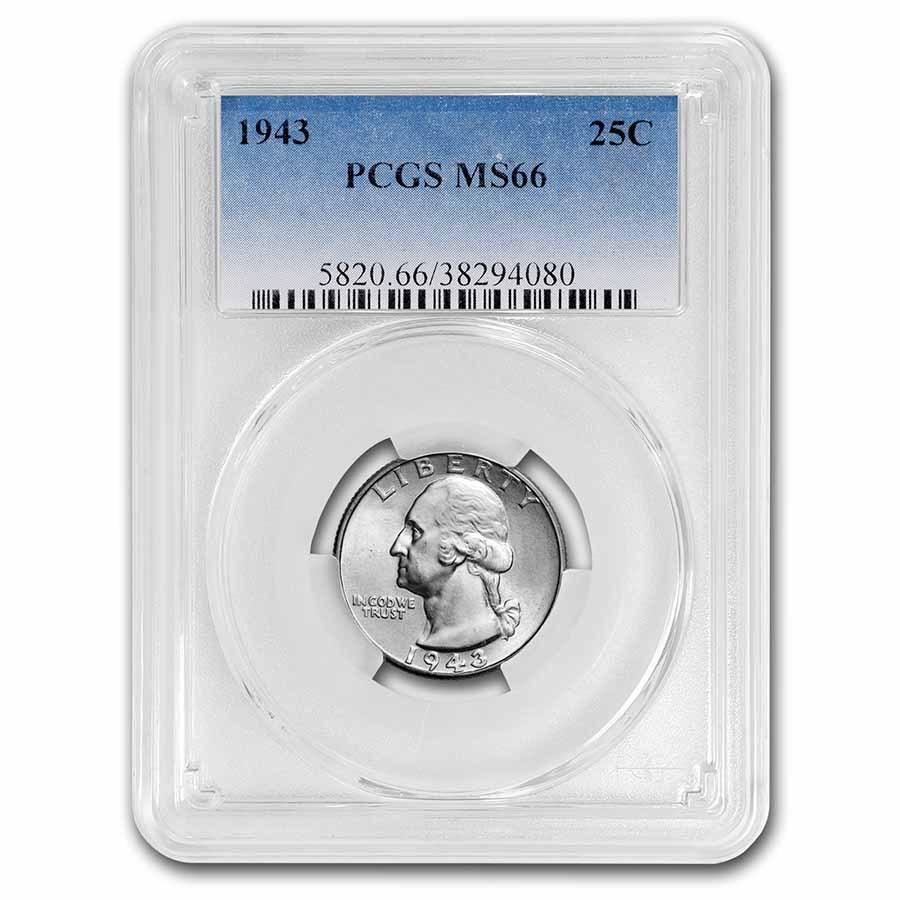 1943 Washington Quarter MS-66 PCGS: 1943 Washington Quarter MS-66 PCGS Product ID: 263962 Year: 1943 Grade Service: PCGS Denomination: 25 Cents Metal Content: 0.1808 troy oz Purity: .900 Thickness: 1.75 mm Diameter