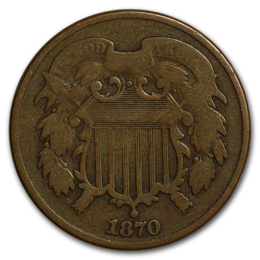 1870 Two Cent Piece VG: 1870 Two Cent Piece VG Product ID: 16267 Year: 1870 Grade: Very Good Grade Service: None Denomination: 2 Cents Mint Mark: P - Philadelphia (Not Shown) Metal Content: 0 troy oz Pu