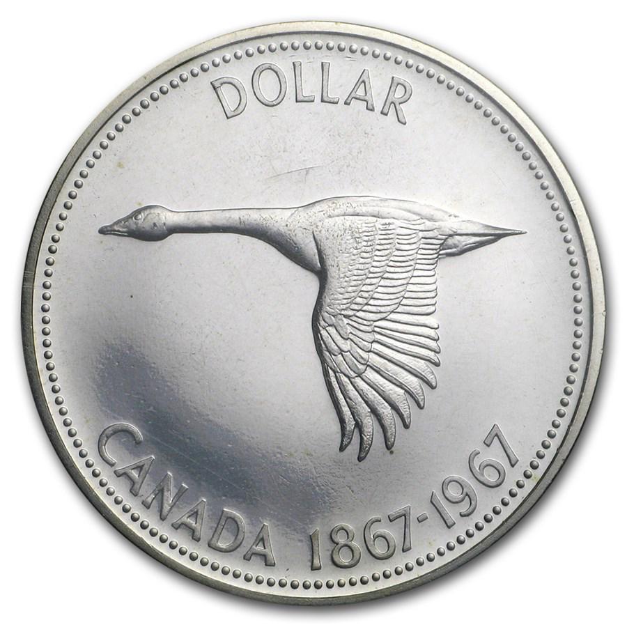 1967 Canada Silver Dollar Flying Goose BU/Prooflike (.800 Fine): 1967 Canada Silver Dollar Flying Goose BU/Prooflike (.800 Fine) Product ID: 172494 Year: 1967 Grade: BU &/or Proof Grade Service: None Denomination: $1.00 Mint Mark: RCM (Not Shown) Metal
