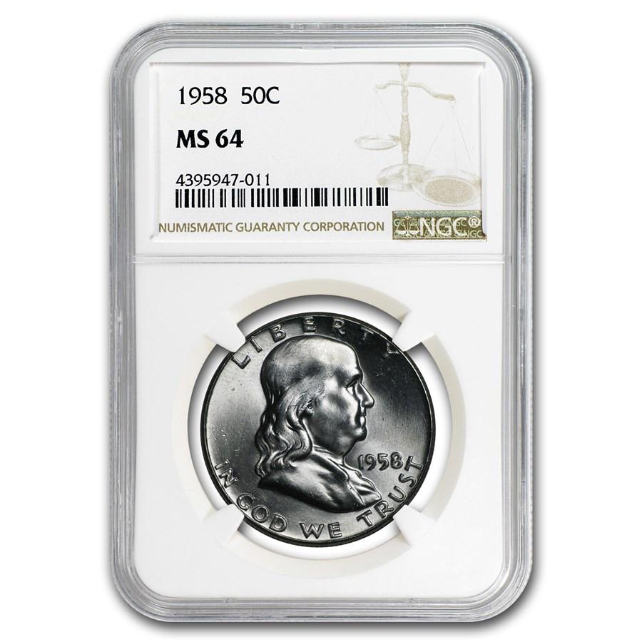 1958 Franklin Half Dollar MS-64 NGC: 1958 Franklin Half Dollar MS-64 NGC Product ID: 104228 Year: 1958 Grade Service: NGC Denomination: $0.50 Metal Content: 0.3617 troy oz Purity: .900 Thickness: 2.15 mm Diameter: 3