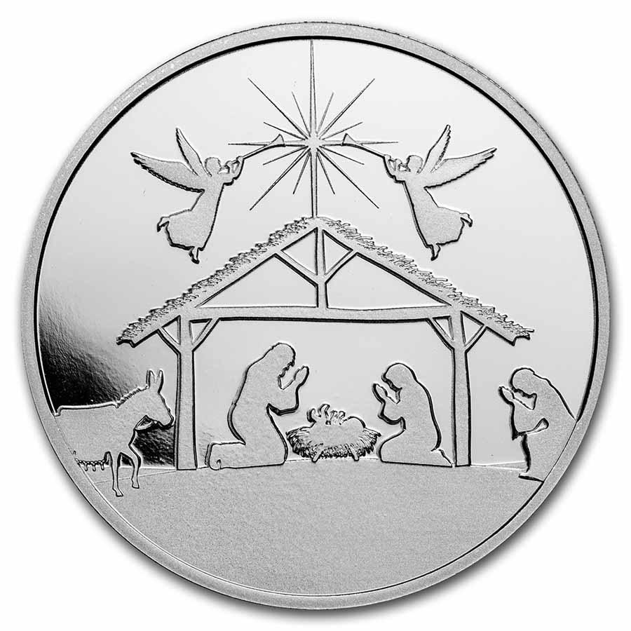 1 oz Silver Round - Nativity: 1 oz Silver Round - Nativity Product ID: 262094 Year: 2022 Grade: None Grade Service: None Mint Mark: N/A - Not Available Metal Content: 1 troy oz Purity: .999 Thickness: 2.87 mm