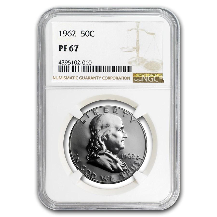 1962 Franklin Half Dollar PF-67 NGC: 1962 Franklin Half Dollar PF-67 NGC Product ID: 55448 Year: 1962 Grade: Proof - 67 Grade Service: NGC Denomination: $0.50 Mint Mark: P - Philadelphia (Not Shown) Metal Content: 0.3617 tro