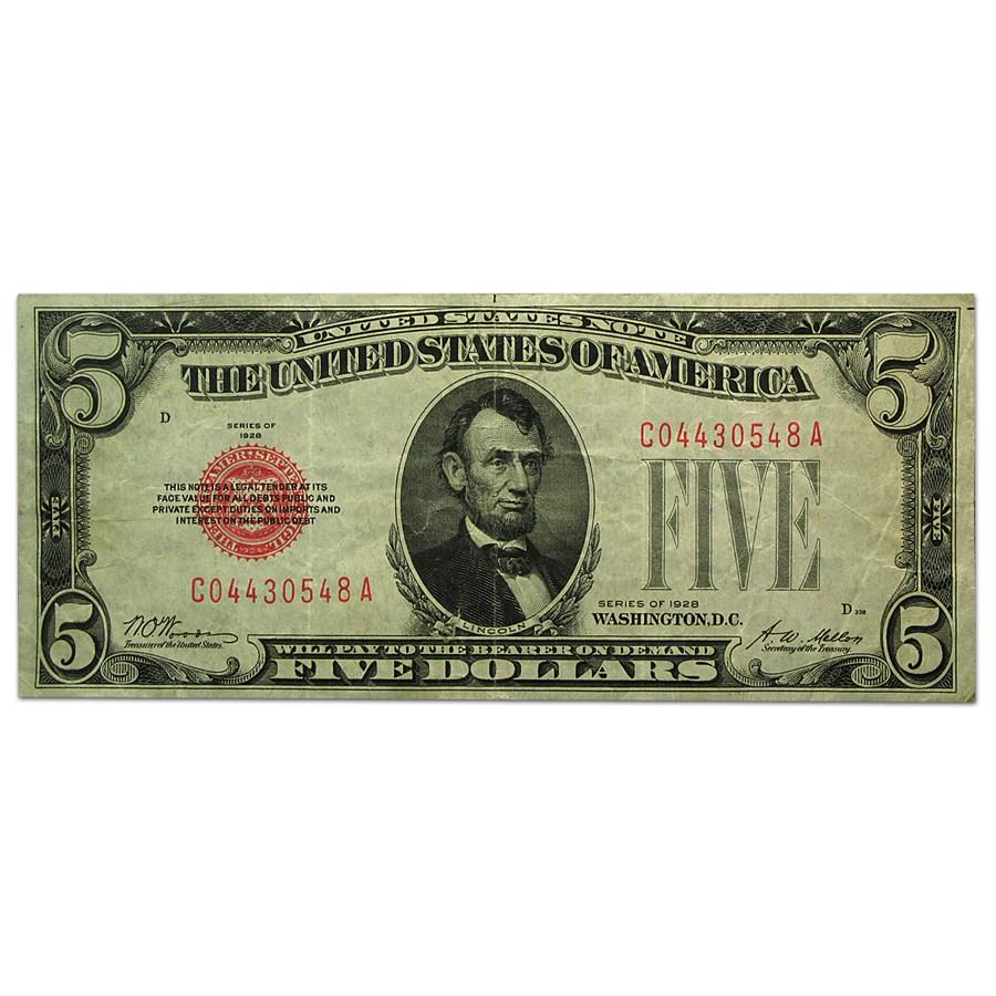 1928 $5.00 U.S. Note Red Seal VF (Fr#1525): 1928 $5.00 U.S. Note Red Seal VF (Fr#1525) Product ID: 17322 Year: 1928 Grade: Very Fine Grade Service: None Denomination: $5.00 Mint Mark: N/A - Not Available Metal Content: 0 troy oz