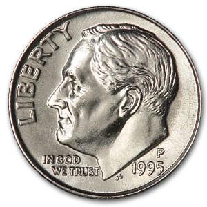 1995-P Roosevelt Dime BU: 1995-P Roosevelt Dime BU Product ID: 6246 Year: 1995 Grade: Brilliant Unc Grade Service: None Denomination: 10 Cents Mint Mark: P - Philadelphia Metal Content: 0 troy oz Purity: