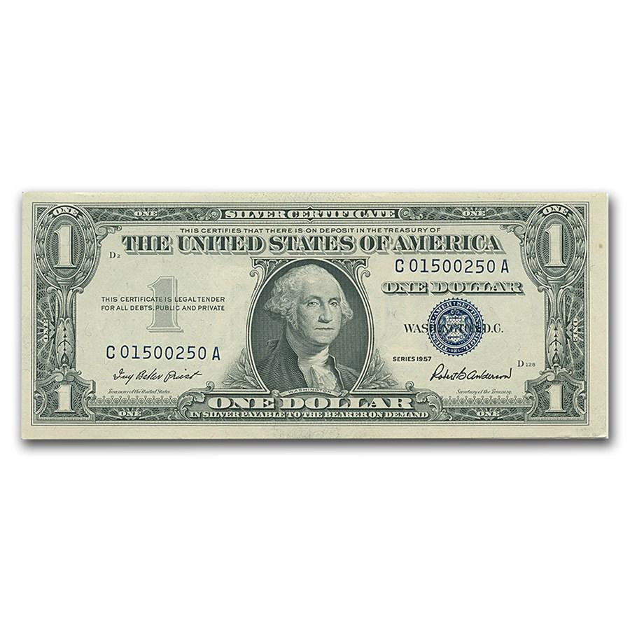 1957s $1.00 Silver Certificate VG/VF: 1957s $1.00 Silver Certificate VG/VF Product ID: 22779 Year: 1957 Grade: Very Good or Better Grade Service: None Denomination: $1.00 Dollar Mint Mark: N/A - Not Available Metal Content: 0