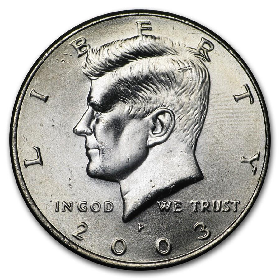 2003-P Kennedy Half Dollar BU: 2003-P Kennedy Half Dollar BU Product ID: 6077 Year: 2003 Grade: Brilliant Unc Grade Service: None Denomination: 50 Cents Mint Mark: P - Philadelphia Metal Content: 0 troy oz Pur