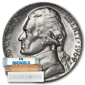 1969-S Jefferson Nickel 40-Coin Roll BU: 1969-S Jefferson Nickel 40-Coin Roll BU Product ID: 19146 Year: 1969 Grade: Brilliant Unc Grade Service: None Denomination: 5 Cents Mint Mark: S - San Francisco Metal Content: 0 troy oz <