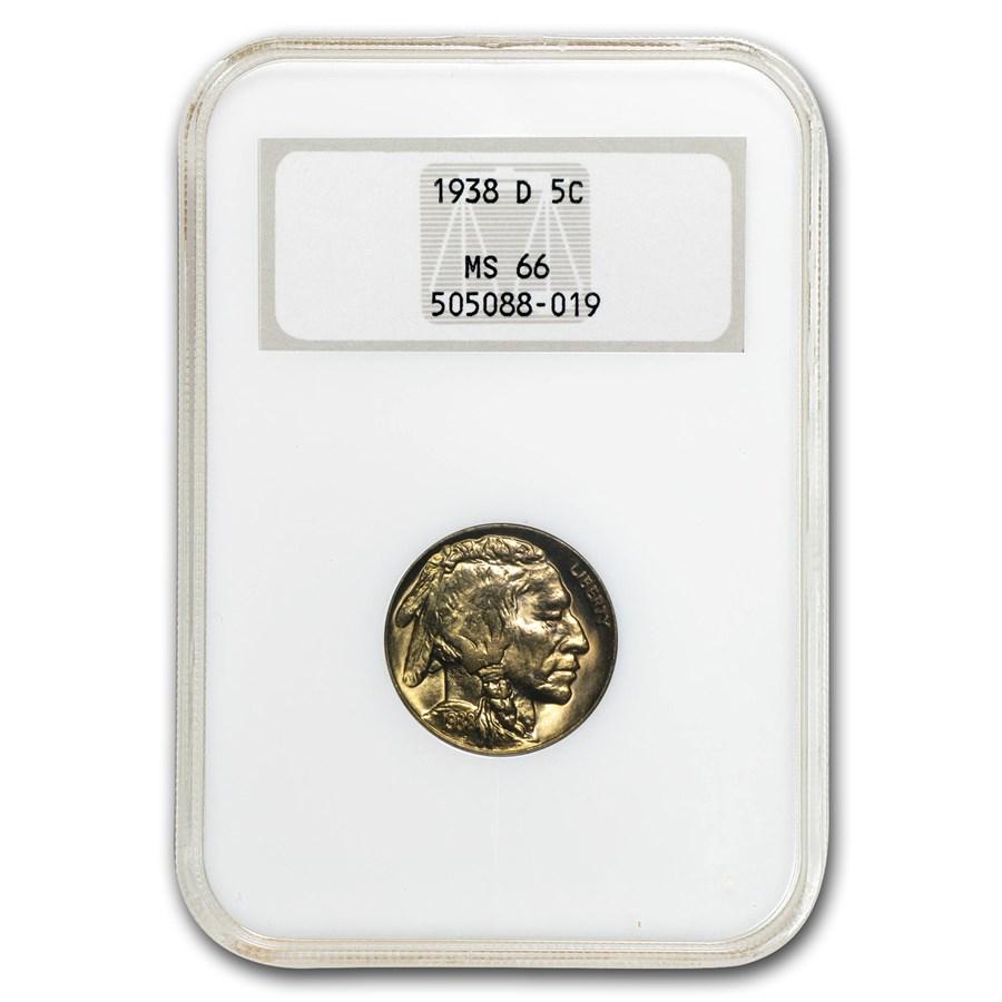 1938-D Buffalo Nickel MS-66 NGC: 1938-D Buffalo Nickel MS-66 NGC Product ID: 10327 Year: 1938 Grade Service: NGC Denomination: $0.05 Metal Content: 0 troy oz Purity: N/A Thickness: 1.95 mm Diameter: 21.2 mm
