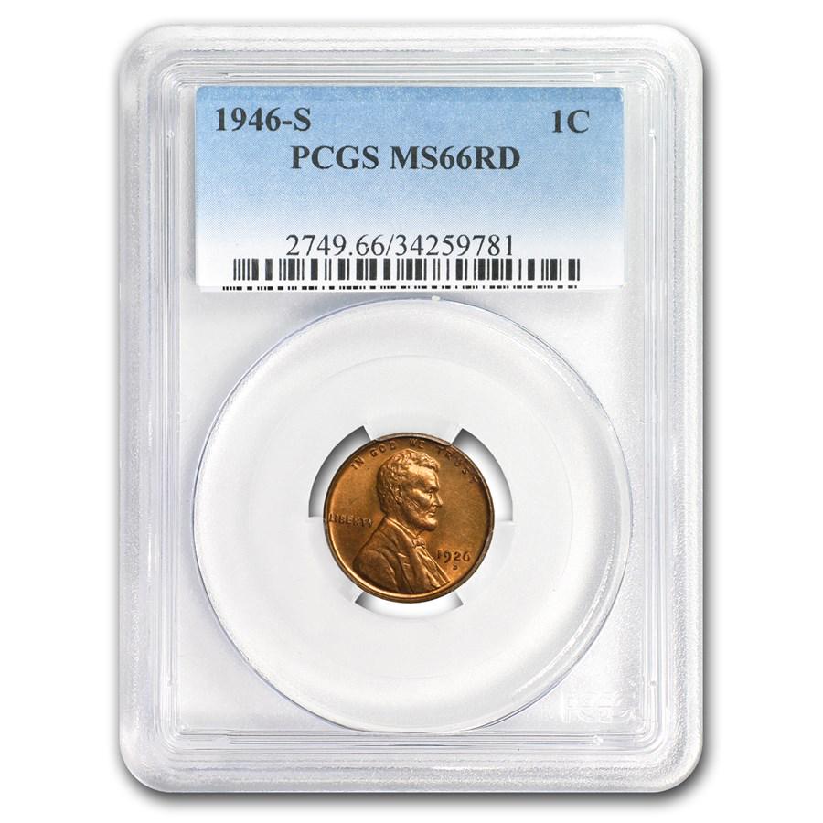 1946-S Lincoln Cent MS-66 PCGS (Red): 1946-S Lincoln Cent MS-66 PCGS (Red) Product ID: 23929 Year: 1946 Grade: MS-66 Grade Service: PCGS Denomination: $0.01 Mint Mark: S - San Francisco Metal Content: 0 troy oz Purit