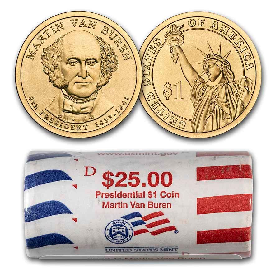 2008-D Martin Van Buren 25-Coin Presidential Dollar Roll: 2008-D Martin Van Buren 25-Coin Presidential Dollar Roll Product ID: 47168 Year: 2008 Grade: Brilliant Unc Grade Service: None Denomination: $1.00 Mint Mark: D - Denver Metal Content: 0 t