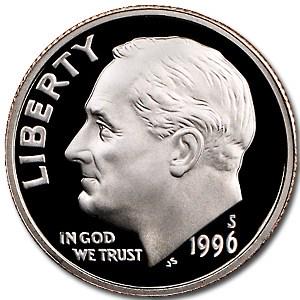 1996-S Roosevelt Dime Gem Proof: 1996-S Roosevelt Dime Gem Proof Product ID: 6186 Year: 1996 Grade: Gem Proof Grade Service: None Denomination: 10 Cents Mint Mark: S - San Francisco Metal Content: 0 troy oz Puri