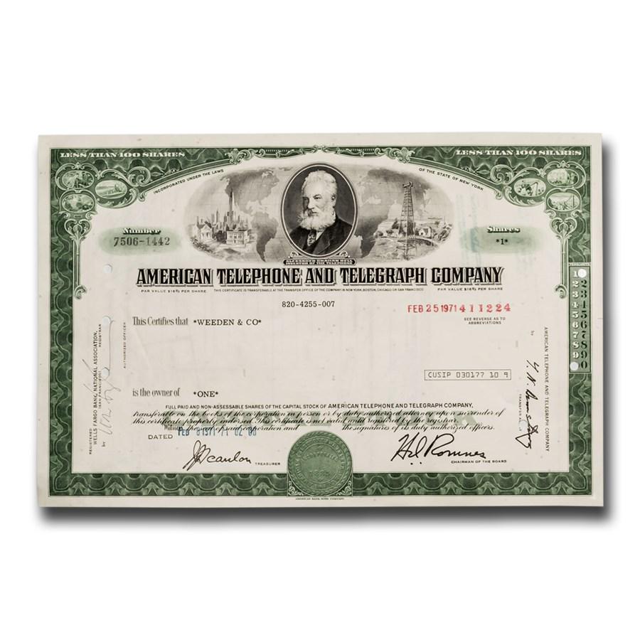 American Telephone and Telegraph Company Stock Certificate (Bell): American Telephone and Telegraph Company Stock Certificate (Bell) Product ID: 47629 Year: N/A Grade: None Grade Service: None Denomination: N/A Mint Mark: N/A - Not Available Metal Conten