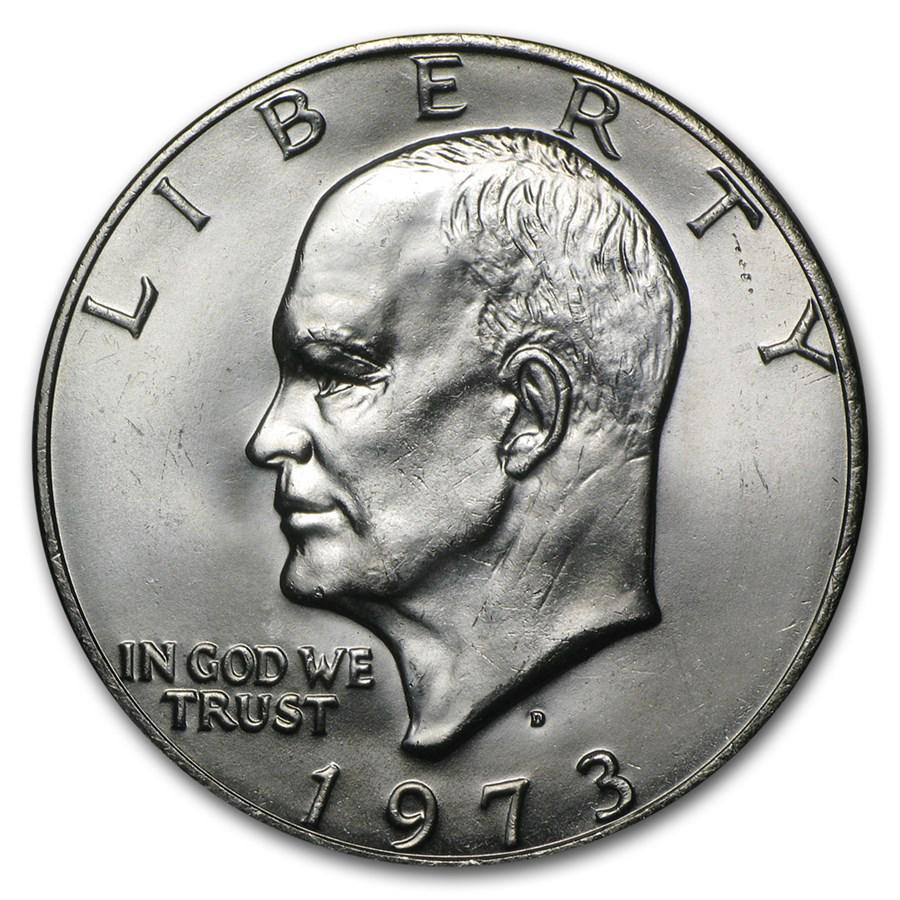 1973-D Clad Eisenhower Dollar BU: 1973-D Clad Eisenhower Dollar BU Product ID: 5014 Year: 1973 Grade: Brilliant Unc Grade Service: None Denomination: $1.00 Mint Mark: D - Denver Metal Content: 0 troy oz Purity: N