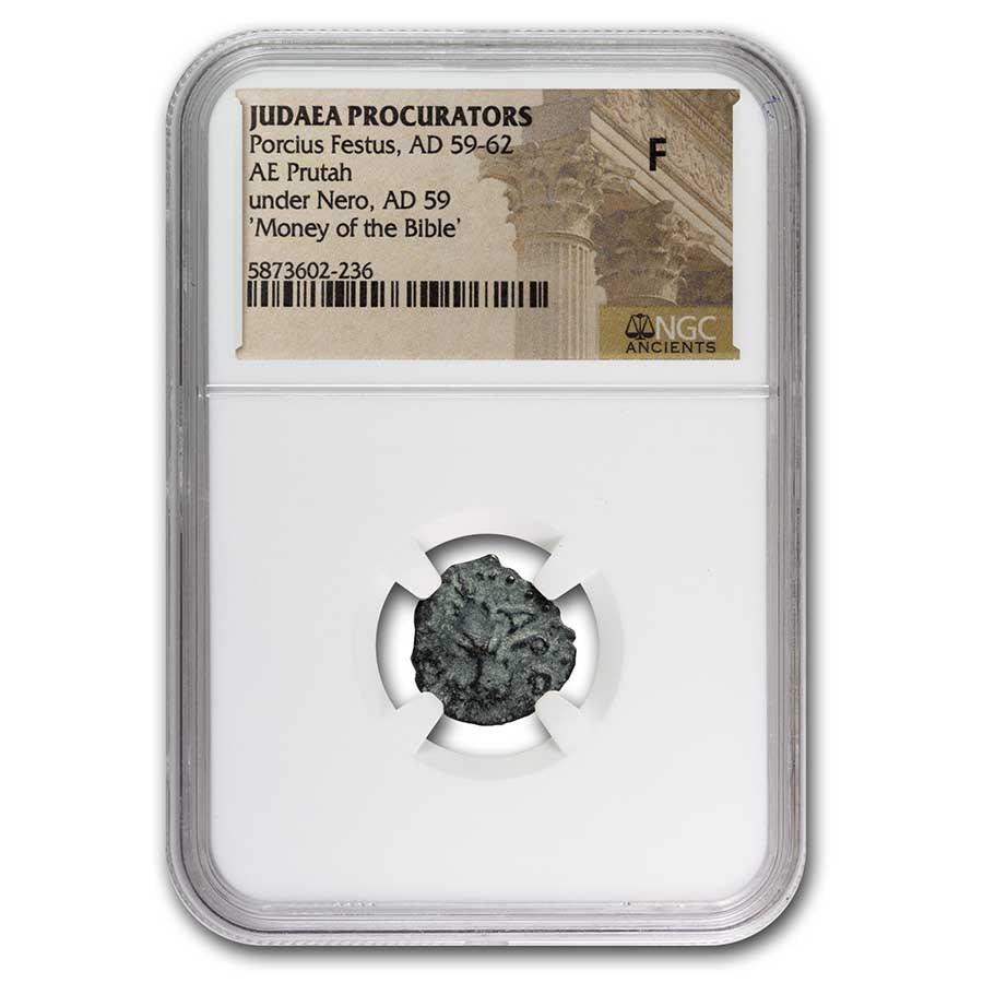 Judaea Procurators AE Prutah Porcius Festus (59-62 AD) Fine NGC: Judaea Procurators AE Prutah Porcius Festus (59-62 AD) Fine NGC Product ID: 230436 Year: 59-62 AD Grade Service: NGC Denomination: Prutah Metal Content: 0 troy oz Purity: N/A Thickness: V
