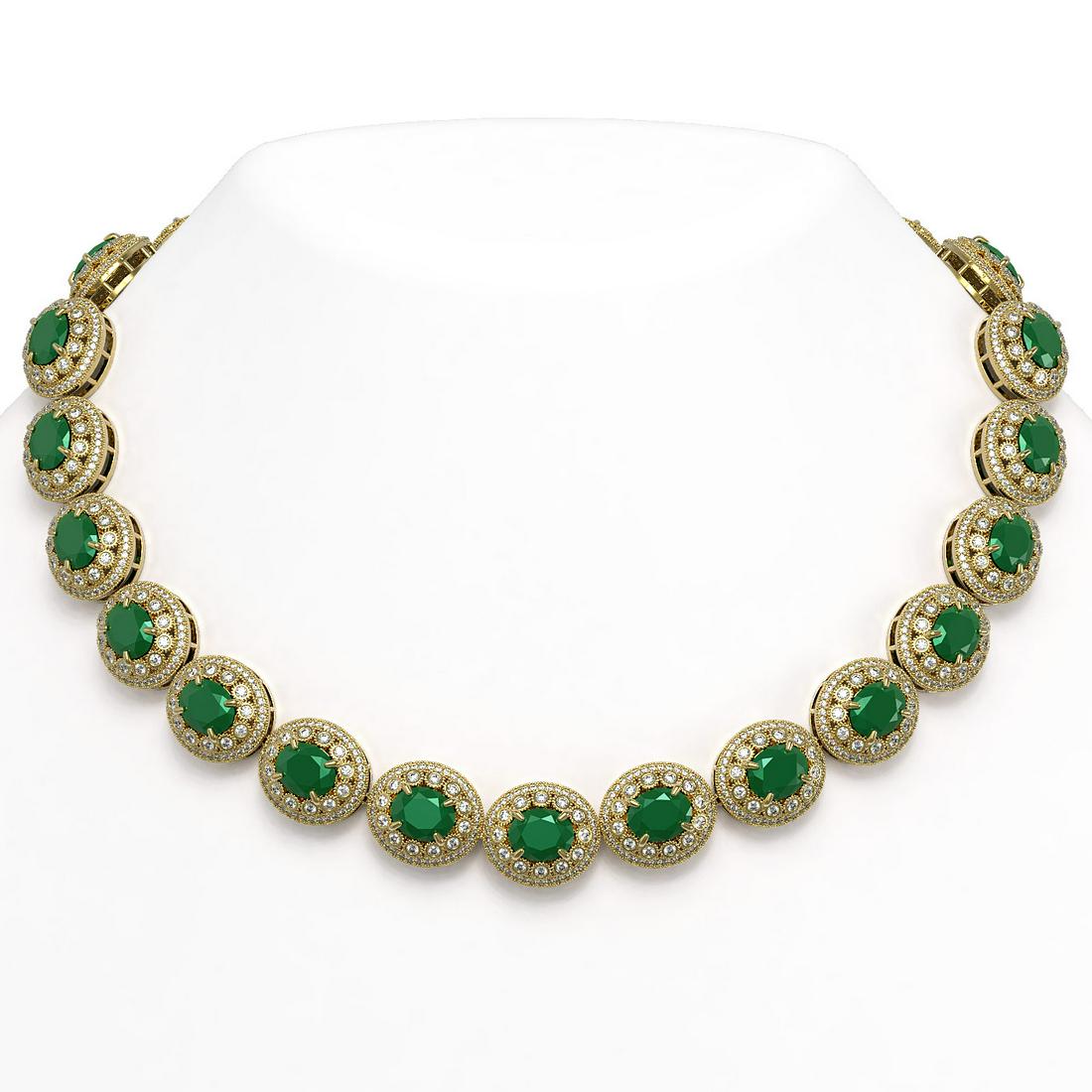 111.75 ctw Emerald & Diamond Victorian Necklace 14K Yellow Gold: 111.75 ctw Emerald & Diamond Victorian Necklace 14K Yellow Gold Item: Emerald NecklaceTotal Gem weight: 111.75 carats Metal: Solid 14K Yellow Gold Gold Product Weight: Approx. 118.6 grams Jewelr