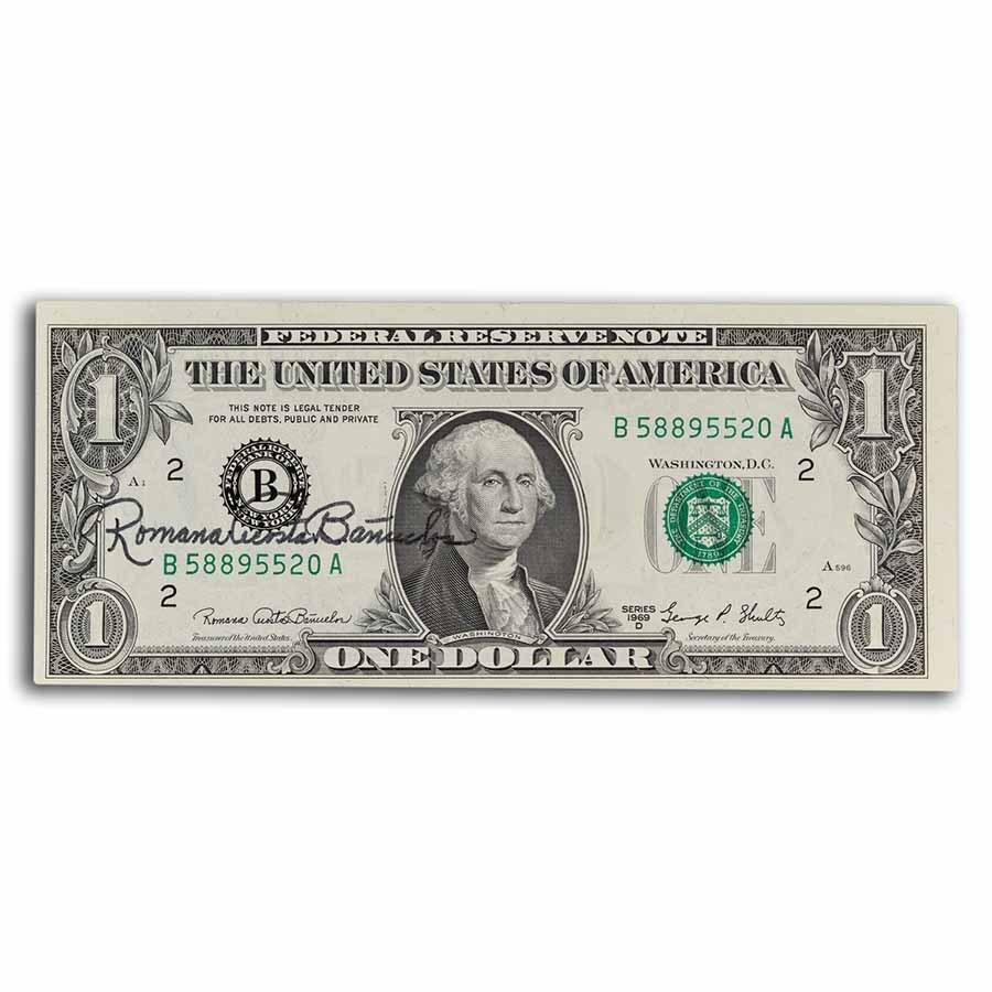 1969-D (B- New York) $1 FRN CU (Fr#1903-B) Banuelos Autograph: 1969-D (B- New York) $1 FRN CU (Fr#1903-B) Banuelos Autograph Product ID: 241423 Year: 1969 Grade: (U) Crisp Unc Grade Service: None Denomination: 1 Dollar Mint Mark: B - New York Metal C