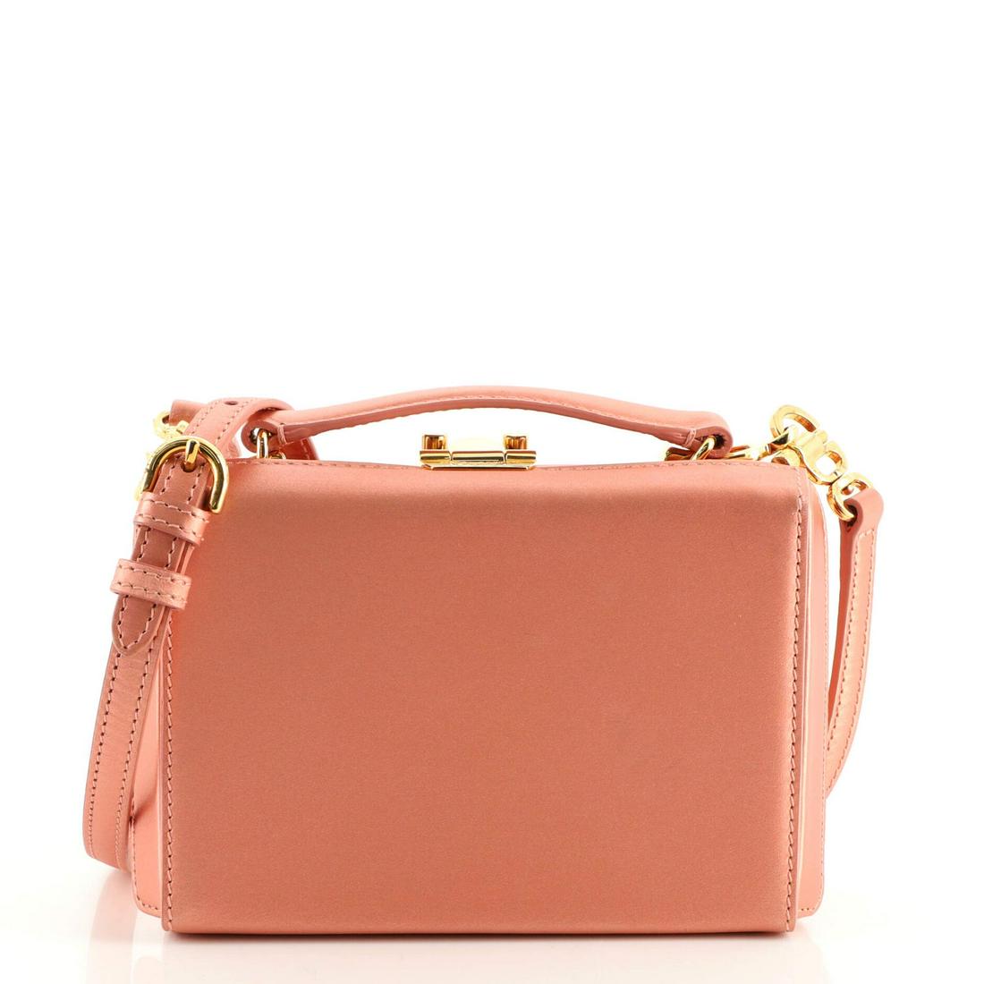 Mark Cross Grace Box Bag Satin Mini: Mark Cross Grace Box Bag Satin Mini Exterior Color: Metallic, Pink Interior Color: Red Exterior Material: Satin Interior Material: Leather Hardware Color: Gold Accessories: Clochette missing, Keys
