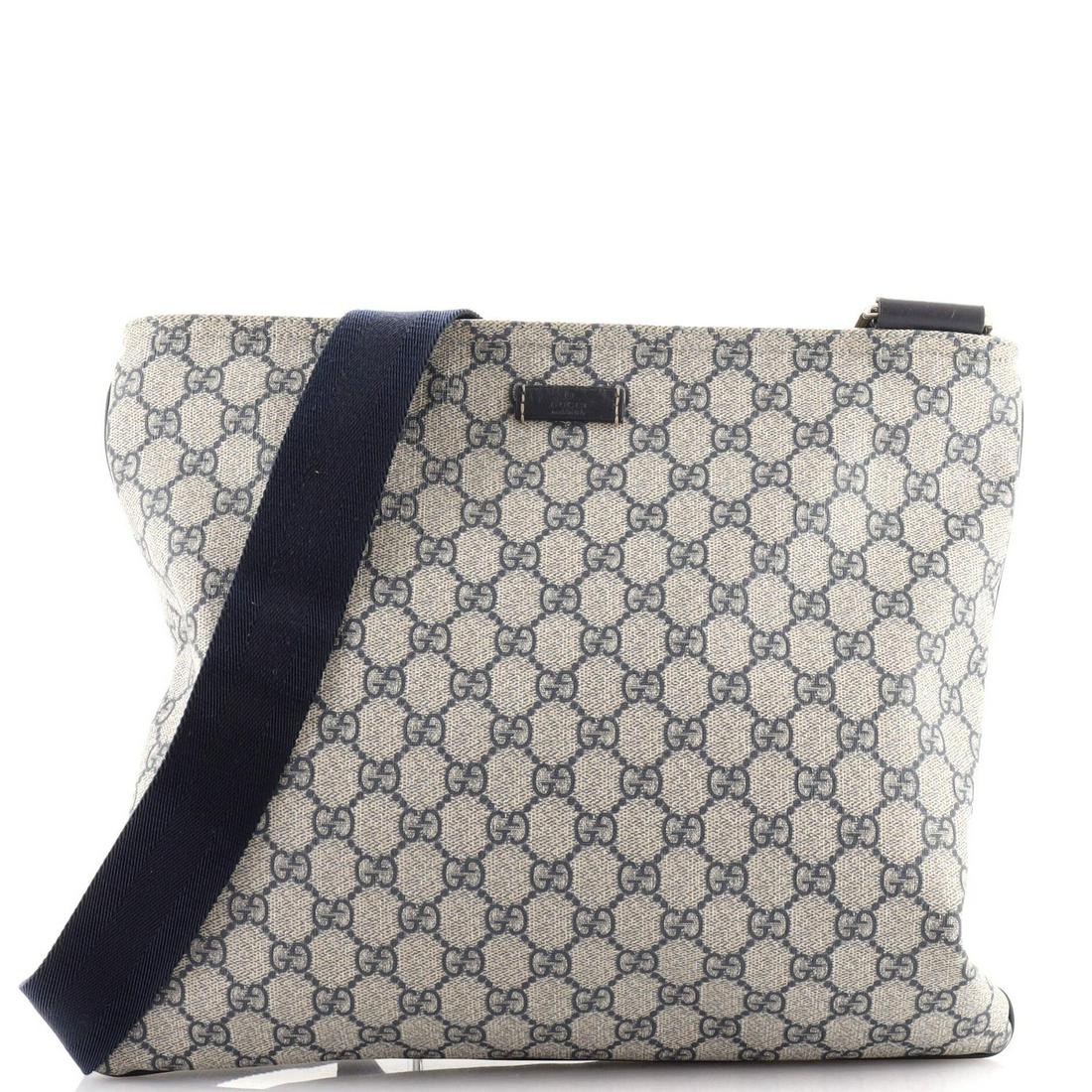 Gucci Zip Top Messenger Bag GG Coated Canvas Large: Gucci Zip Top Messenger Bag GG Coated Canvas Large Exterior Color: Blue Interior Color: Neutral Exterior Material: Canvas Coated Interior Material: Fabric Hardware Color: Silver Accessories: No ac