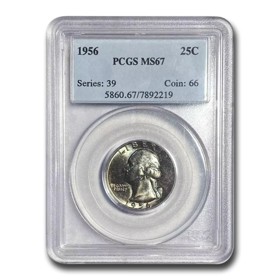 1956 Washington Quarter MS-67 PCGS: 1956 Washington Quarter MS-67 PCGS Product ID: 250909 Year: 1956 Grade Service: PCGS Denomination: $0.25 Metal Content: 0.1808 troy oz Purity: .900 Diameter: 24.3 mm